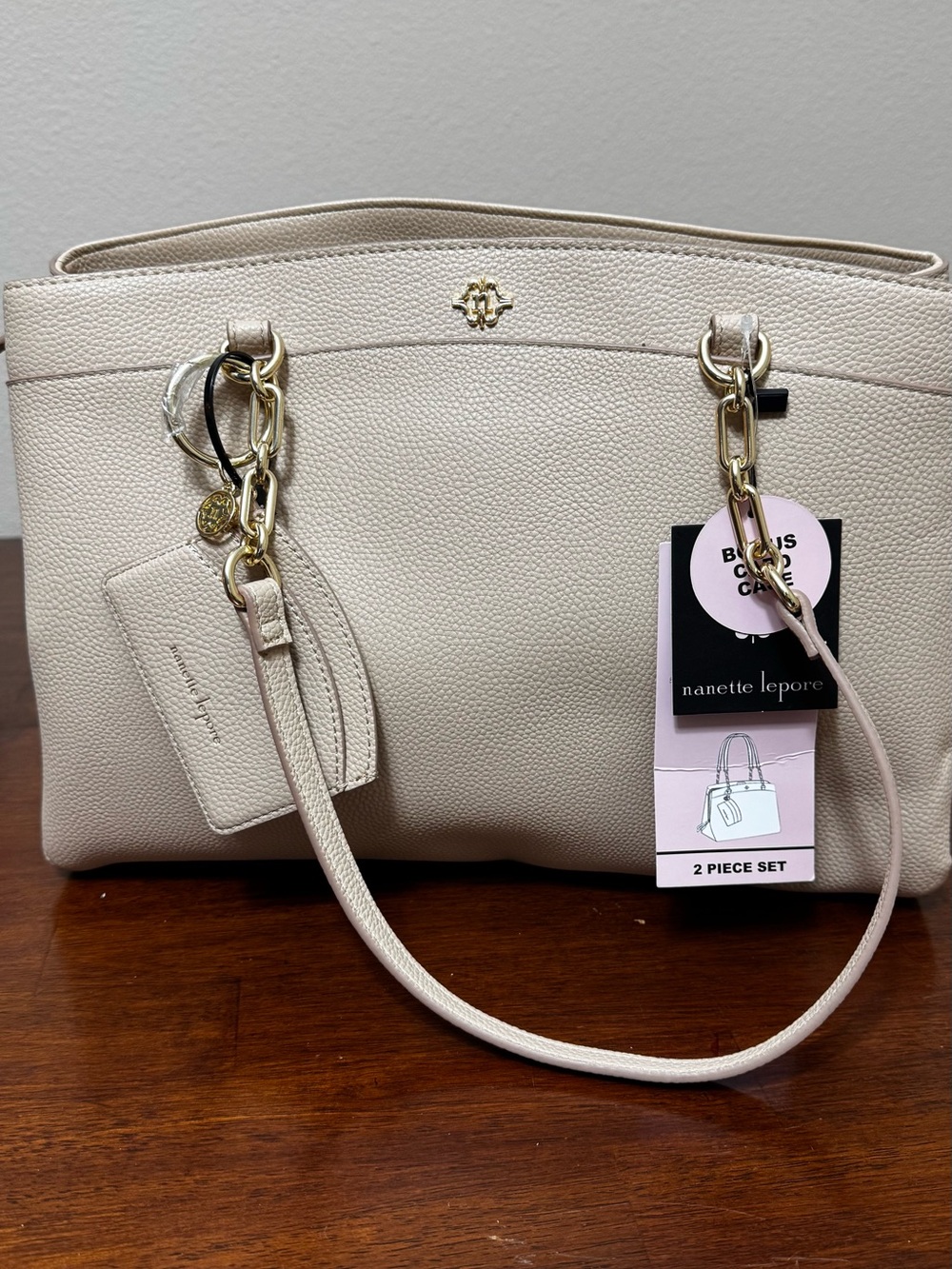Nanette Lepore Cream Pebbled Tote with Gold Hardware